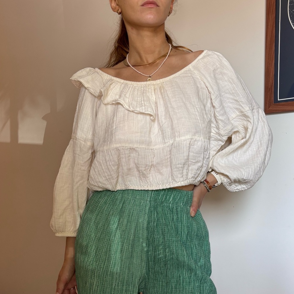 Apiece Apart Cream Blouse with Green Pants